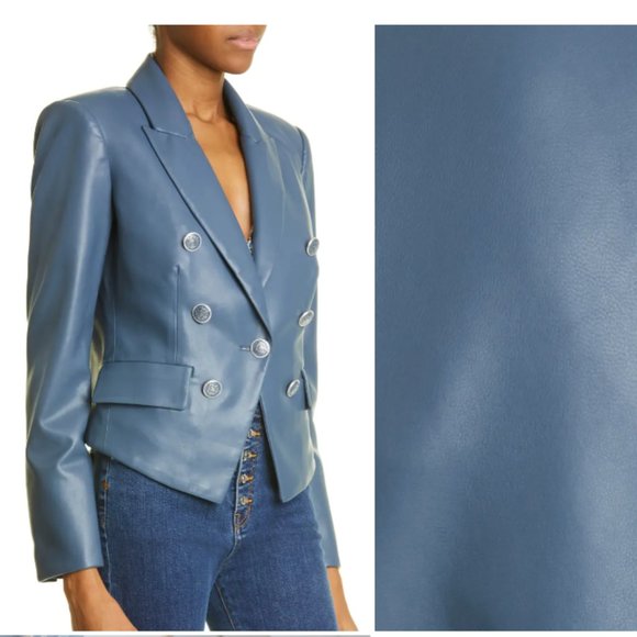 VERONICA BEARD COOKE DICKEY MARINE BLUE FAUX LEATHERETTE JACKET BLAZER sz 16 - Picture 4 of 10